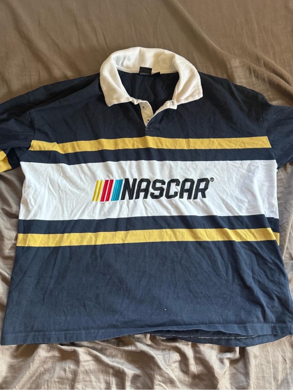 Nascar Navy, White & Yellow Striped Polo Shirt